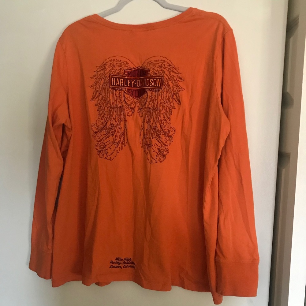 Harley Davidson Authentic orange embroidered deep v-neck tee t-shirt 1X Denver